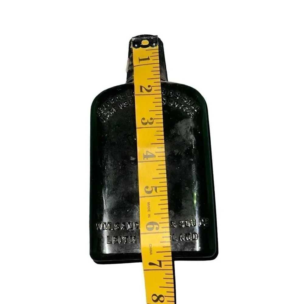 Antique Leith Scotland Black Glass Sanderson & Son Liquor Bottle Size 7” x 3.5”